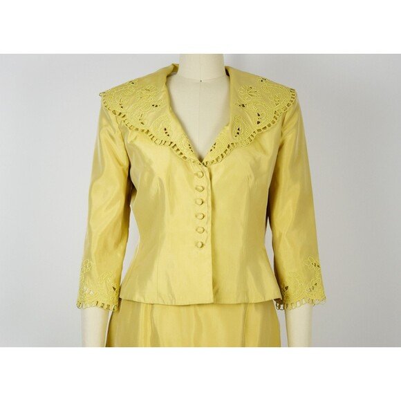 1980s Victor Costa Skirt Suit Size Medium Yellow Soutache Power Suit Medium Suit - Picture 4 of 10